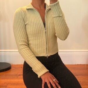Cropped Ribbed Zip-Front Sweater Jacket - Mint Green